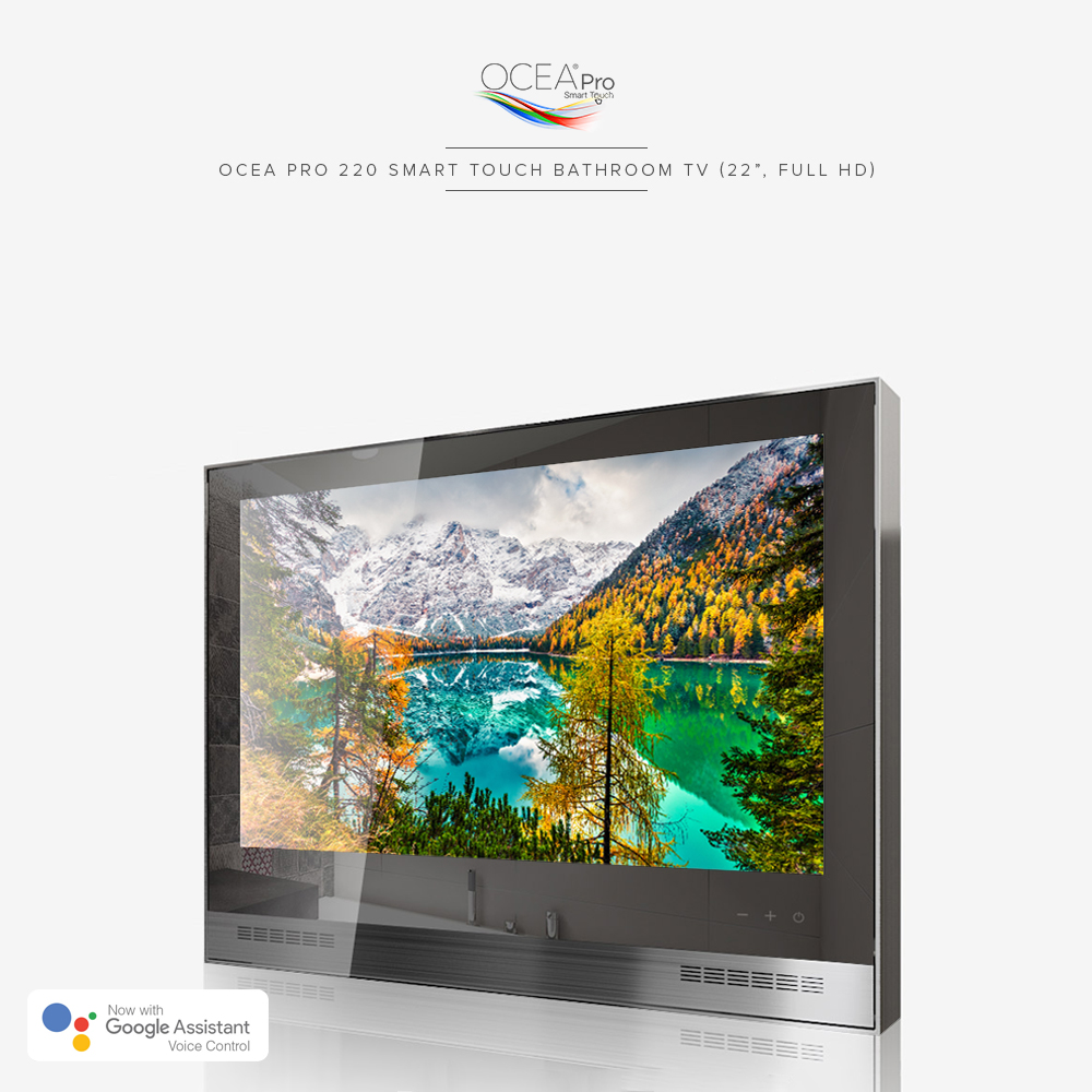 4K ultra HD waterproof bathroom TV with smart touch control.