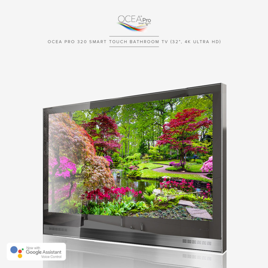 4K UHD resolution smart touch bathroom TV with Google Assistant voice control.