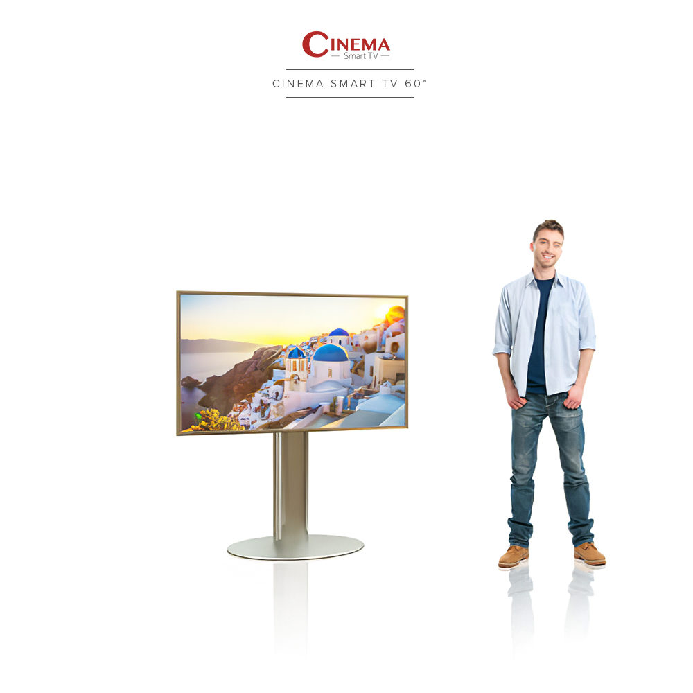 Cinema smart TV with stainless steel floor stand.