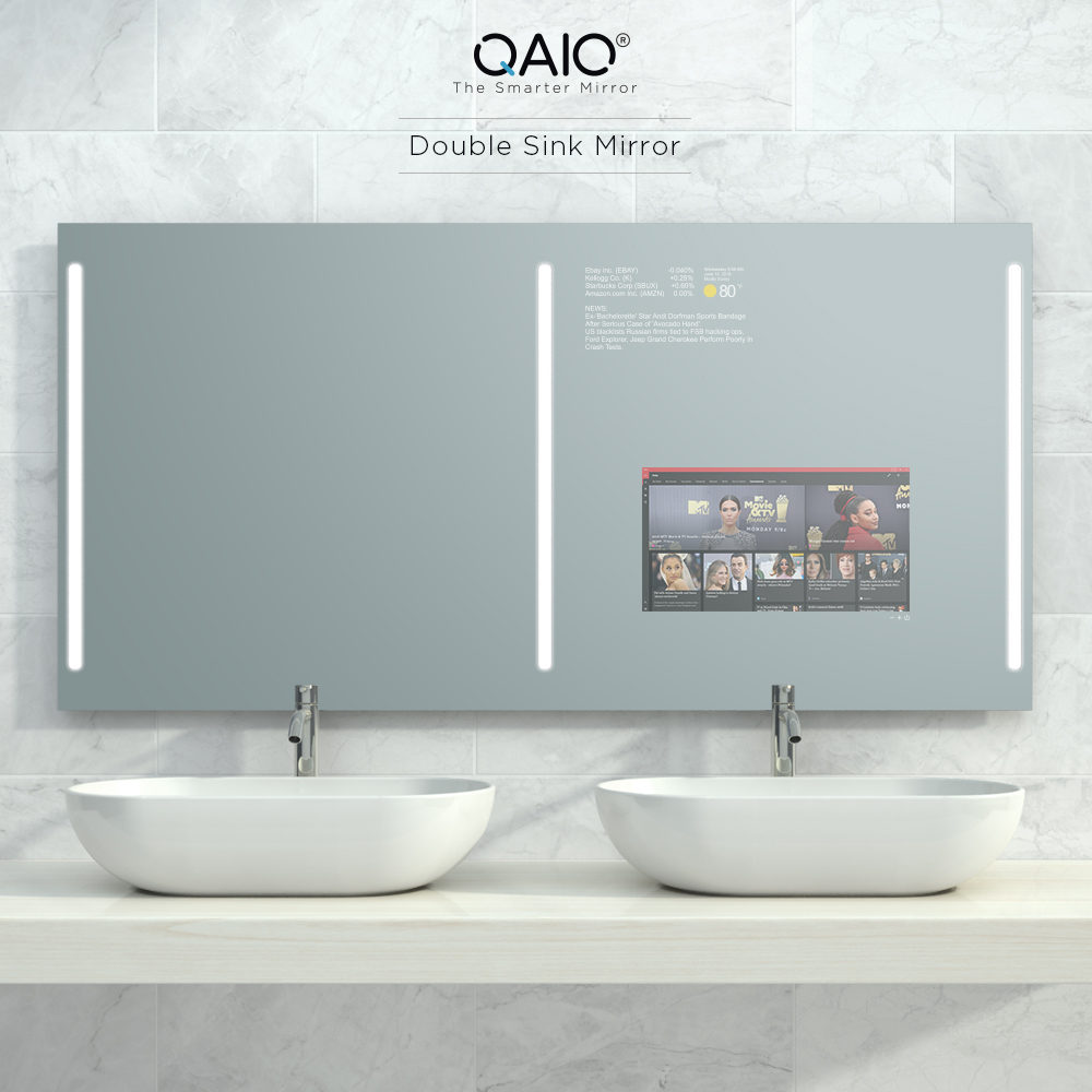 Double sink mirror smart TV with integrated light.