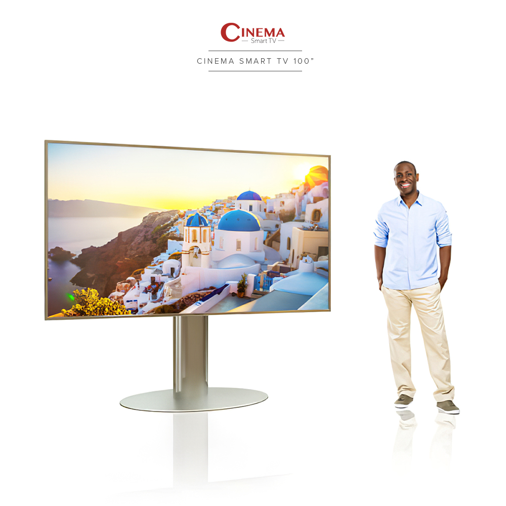 Full dimensions of Android smart TV with stainless steel floor stand.