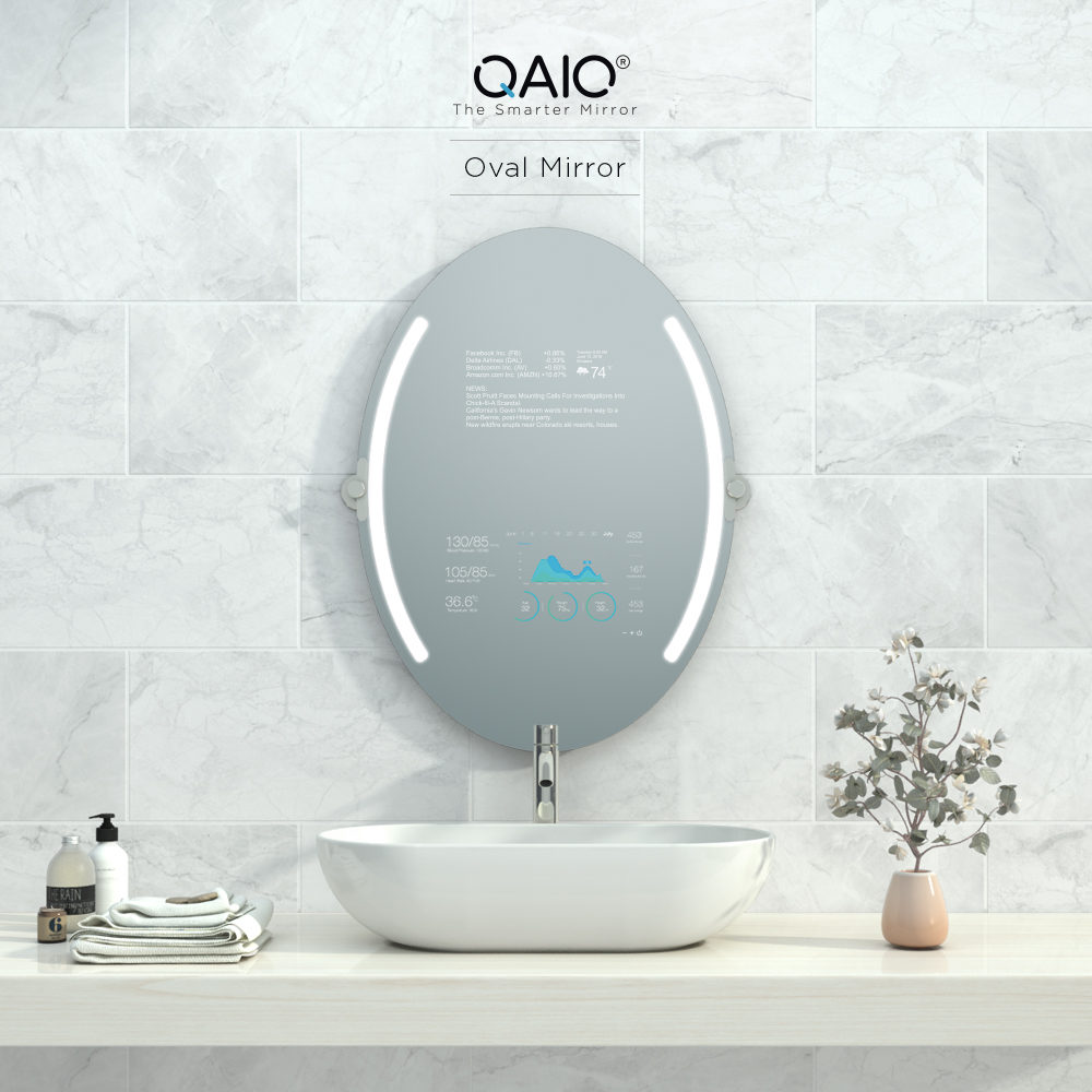 Oval vanity mirror Android smart TV for a bathroom sink.