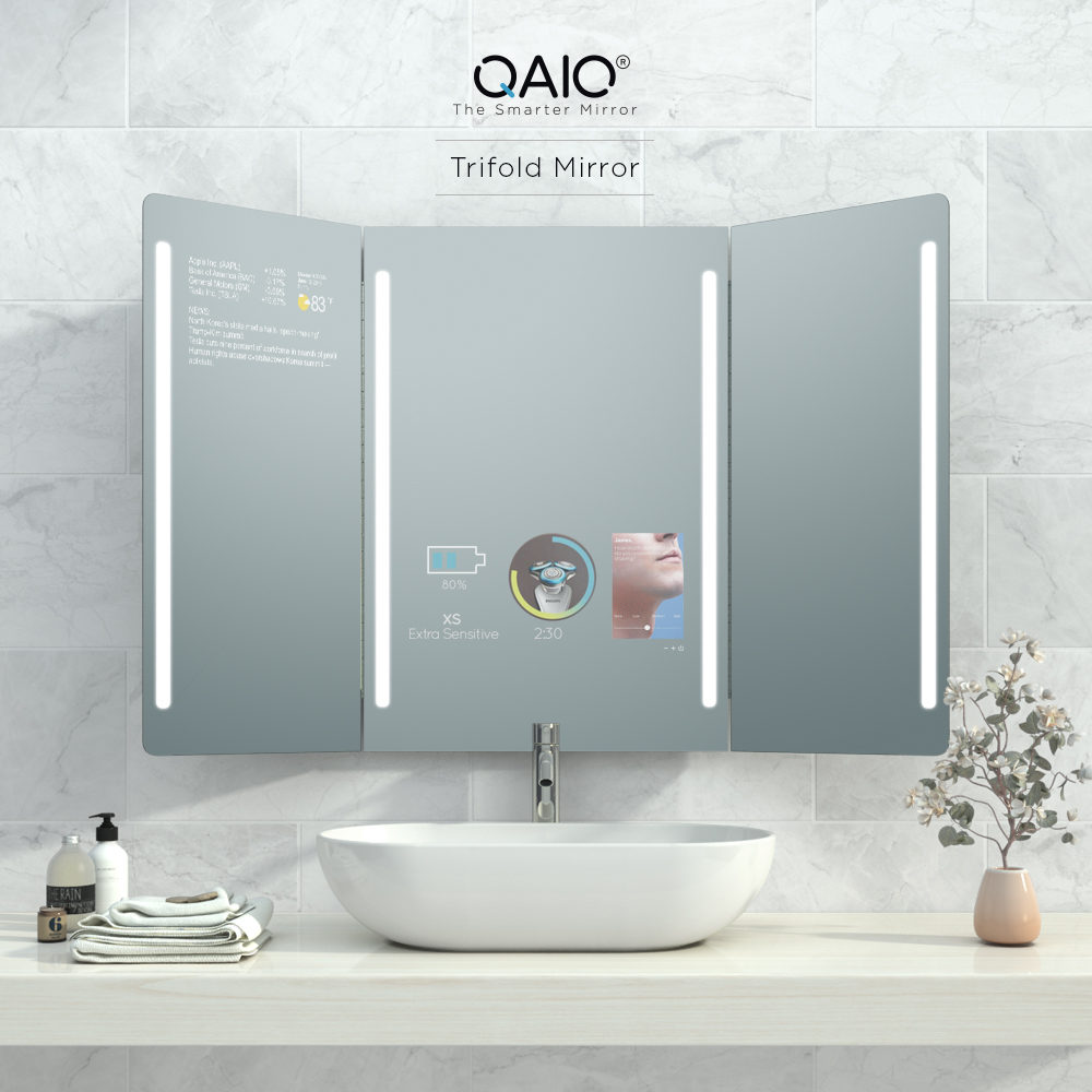 Trifold vanity mirror Android smart TV for a bathroom sink.